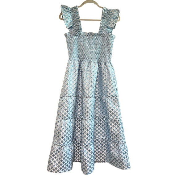 Hill House Ellie Nap Dress Snowflake Blue White Brocade Smocked Tiered Midi Sz S - Picture 5 of 13